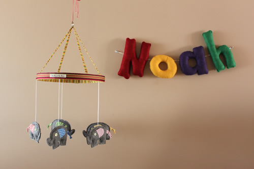 Grey felt elephants nursery mobile and felt letters