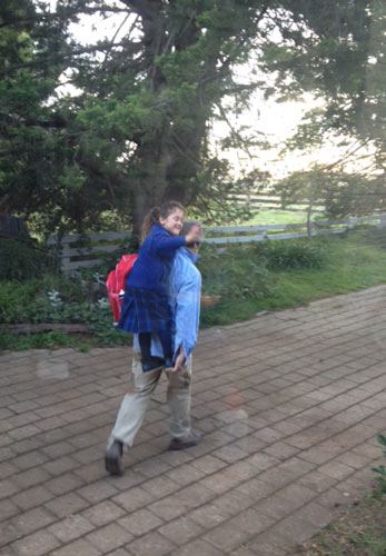 Elsie getting a ride to the bus this morning.